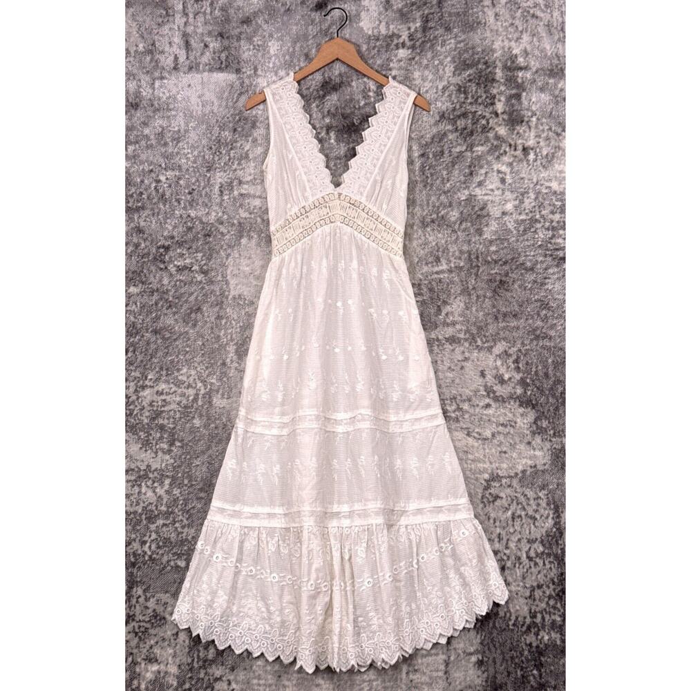 LoveShackFancy Dress 0 Womens White Lace Inset Embroidered Midi